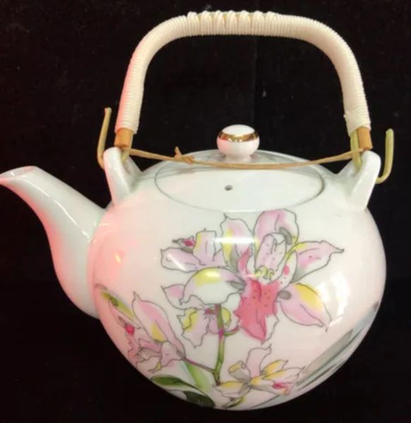 *Vintage Floral Orchids Teapot, White - by Price Products - 6in - Mom Gifts