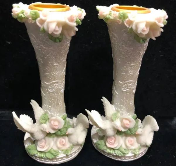 *Doves and Roses, Ivory Taper Candle Holders, 4in - Wedding - Bridal