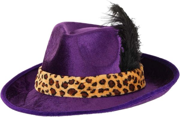 *Purple Pimp Hat Costume Accessory, Men's - Cheetah Print, Black Feather - Halloween