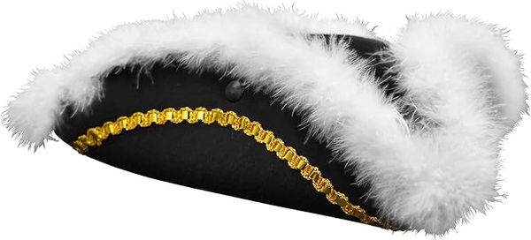 *Black Tricorn Pirate Hat Costume Accessory, Colonial - White Fur Trim - Halloween