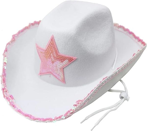 *White Cowgirl Hat Costume Accessory, Girl's with Pink Sequin Star - Halloween