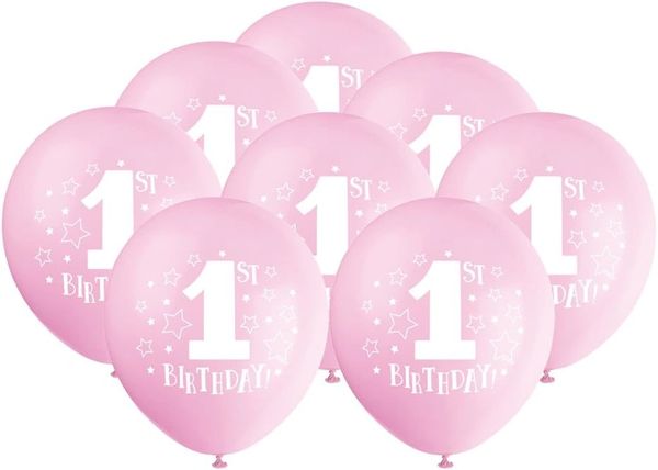 *1st Birthday Pink Balloons, Girl's First Birthday, 12in - 8ct