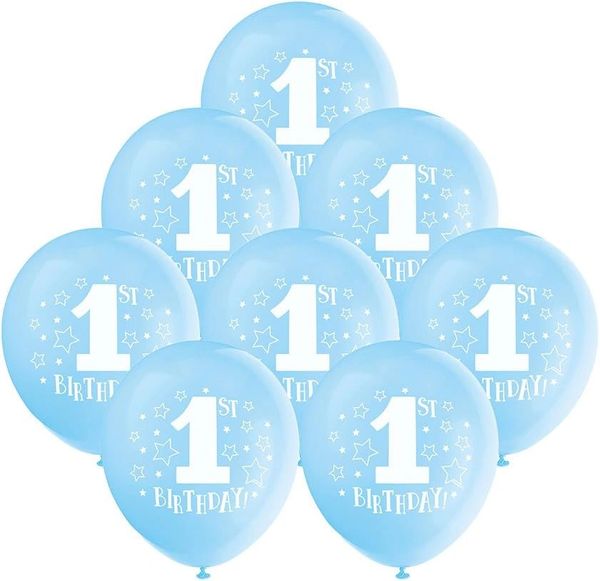 *1st Birthday Blue Balloons, Boy's First Birthday, 12in - 8ct