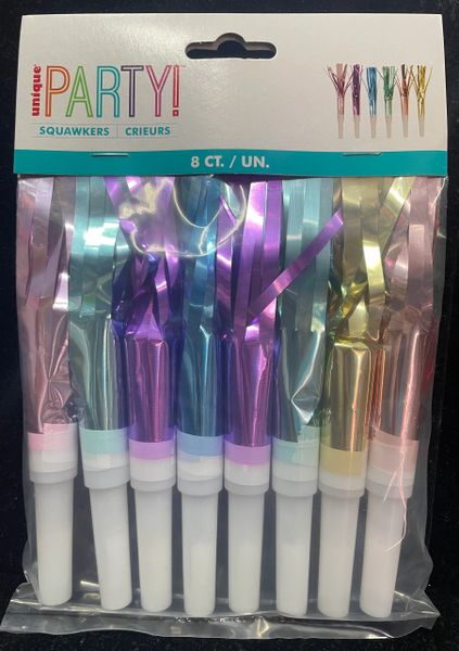 *Assorted Pastel Color Fringed Squawker Blowouts - Birthday Party Noise Makers, 8ct