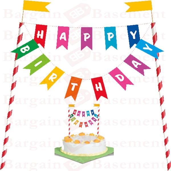 *Rainbow Birthday Bunting Cake Topper Flag Banner Decoration, 16x16in