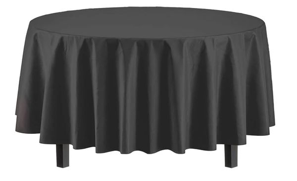 *Solid Black Round Plastic Table Cover, 84in - Halloween