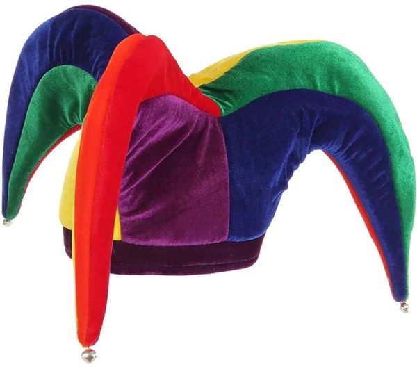 *Deluxe Colorful Court Jester Plush Hat with Bells, Costume Accessory - Halloween