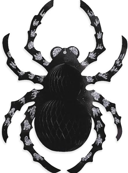 *Black Spider Silver Glitter Hanging Honeycomb Tissue Cutout, 14in - Halloween Decorations