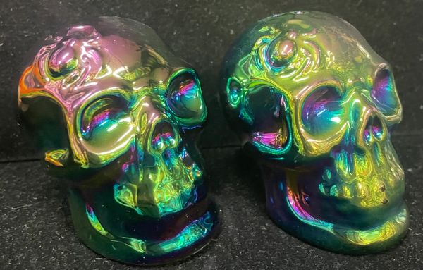 Black Iridescent Skull Salt & Pepper Shaker Set with Spiders, Ceramic - Halloween Novelty Gifts