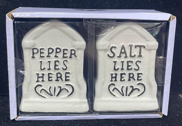 Spooky Hollow Tombstone Salt & Pepper Lies Here Shaker Set, Ceramic - Halloween Novelty Gifts