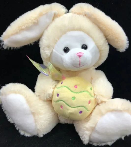 White Teddy Bear Plush Dressed as Yellow Bunny Rabbit, 8in - Easter Gifts