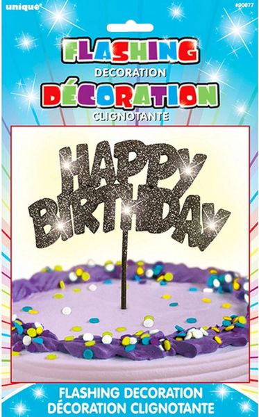 *Black Glitter Flashing Birthday Cake Pick - Light Up Decoration, 7in