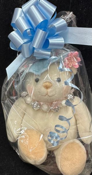 Ivory Plush Teddy Bear with Blue Hat with Pink Flower, wearing bracelet as necklace, 7in - Mom Gifts