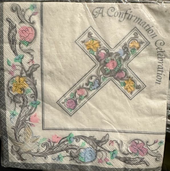 Cross Scroll Confirmation Party Napkins, Silver Border - 16ct