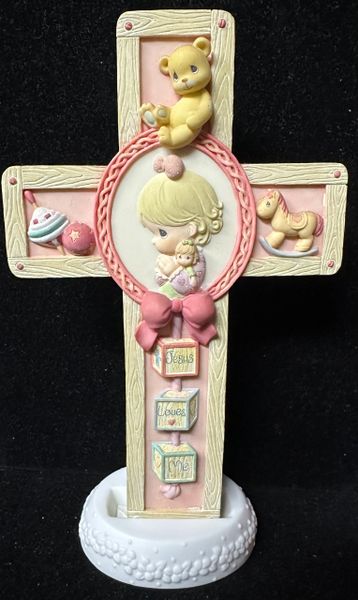 *Vintage Precious Moments - Jesus Loves Me - Baby Girl Pink Cross Figurine, Enesco 1999