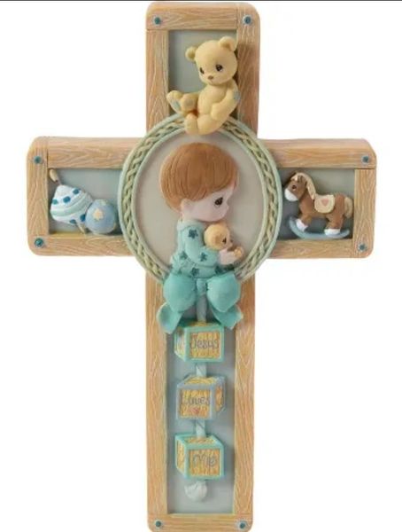 *Vintage Precious Moments - Jesus Loves Me - Baby Boy Blue Cross Figurine, Enesco 1999