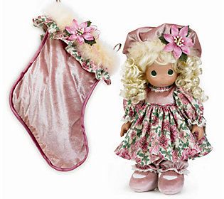 DOLL SALE - Rare Precious Moments Stocking Doll, Pink Floral Dress, 16in, 2007 - 8214 - Holiday Sale