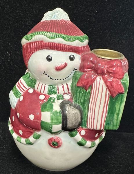 Ceramic Snowman Taper Candle Holder, Painted - 6in - Christmas Holiday Novelty Gifts