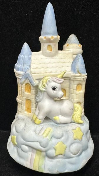 Vintage Handpainted Porcelain Castle with Unicorn Musical, Revolves to the tune, Camelot by Chadwick #96616 - 1985