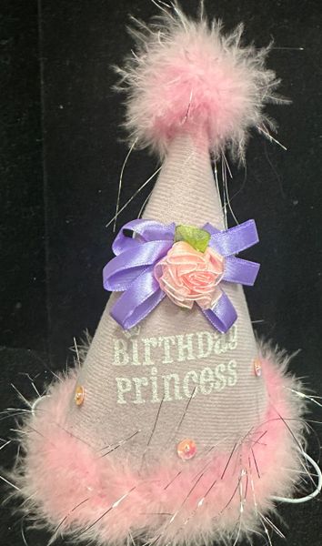 Fancy Birthday Princess Hat with Feathers, Silver Tinsel, Pink Rose, Lavender Ribbon - Birthday Girl