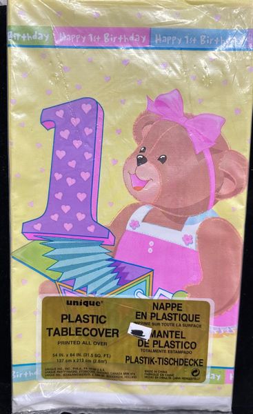 *Baby Girls 1st Birthday, Teddy Bear Table Cover, 54x96in - First Birthday