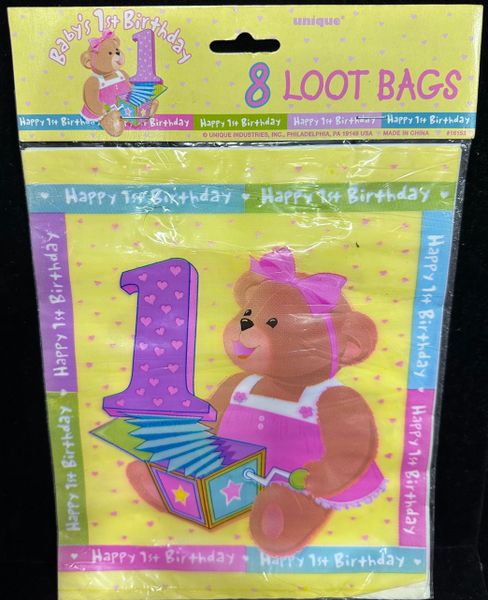 *Baby Girls 1st Birthday, Teddy Bear Party Loot Bags, 8ct - First Birthday