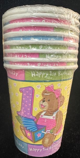 *Baby Girls 1st Birthday, Teddy Bear Party Cups, 8ct - 9oz - First Birthday