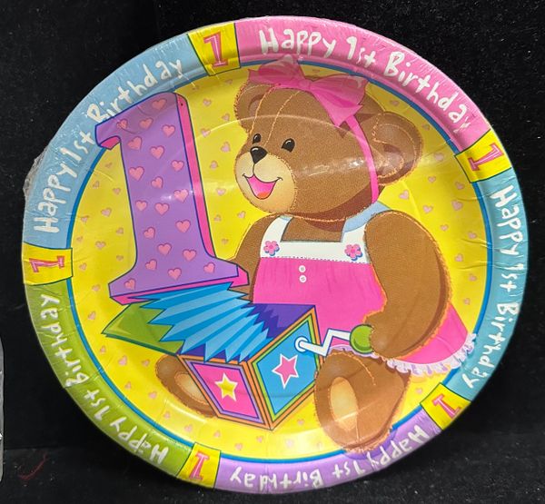 *Baby Girls 1st Birthday, Teddy Bear Party Luncheon Party Plates, 8ct, 9in - First Birthday