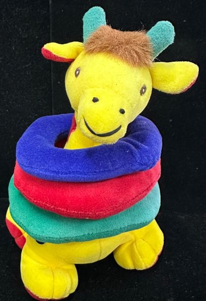 Vintage Bright Yellow Plush Giraffe Rattle with Stacking Circles, Rings 10in - Primee Collection by Preferred Plush - 2000