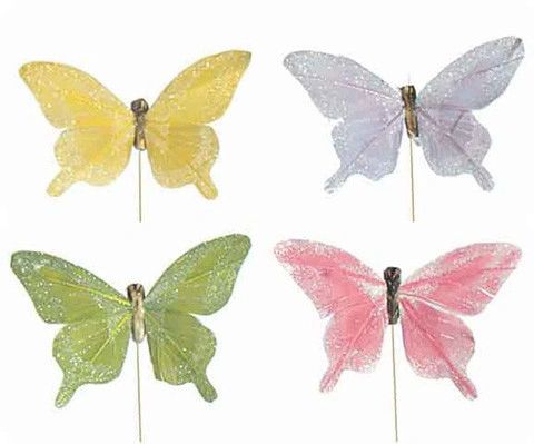 *Artificial Assorted Color Wired Feather Butterfly Floral Pick Decoration 12pcs