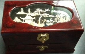 Oriental Design, Dark Wood Jewelry Box, Red Satin Lining, High Gloss Finish