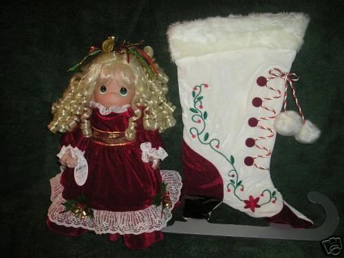 DOLL SALE - Precious Moments Christmas Stocking & Doll, Red Velvet Dress with Blonde Curly Hair, 16in - 2006 (1172) - Holiday Sale