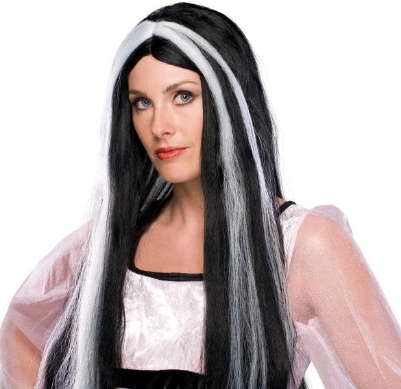 24in Witch Wig - Black Wig with White Streaks - Halloween Sale