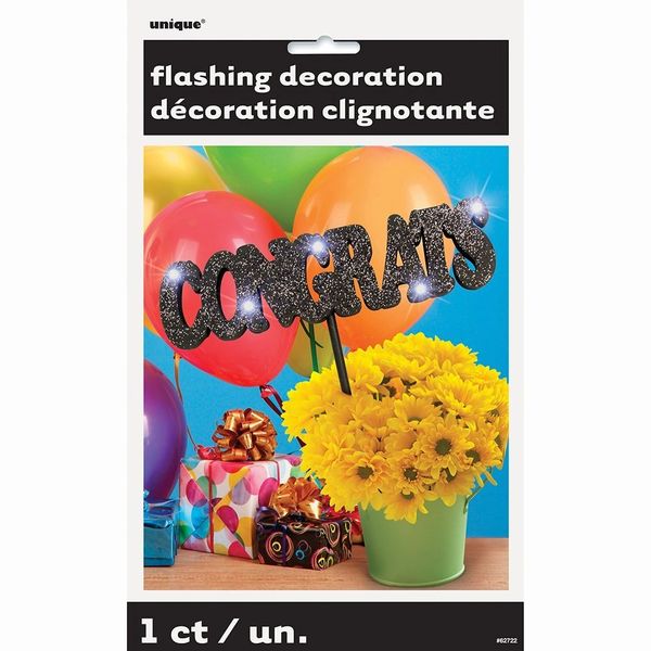 Flashing Congrats Glitter Cake Pick - Light Up Decoration, 7in - Black