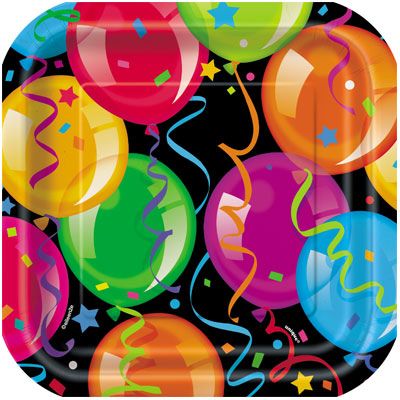 BOGO SALE - Balloons Birthday Party Plates, Square - 7in - 10ct