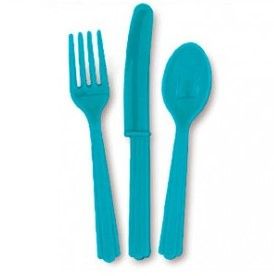 *Teal Plastic Cutlery, 18ct - 6 Forks, Spoons, Knives - Utensils