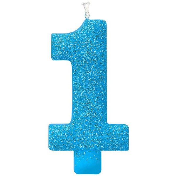 *GIANT 1st Birthday Blue Glitter Candle, 5in - First Birthday