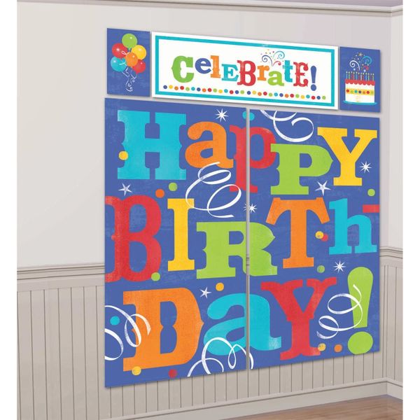BOGO SALE - Happy Birthday Fever Scene Setter, Blue, Wall Banner Decoration Kit - 5pcs