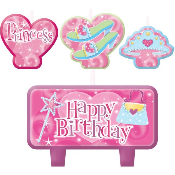 *Pink Happy Birthday Princess Party Candles Cake Topper Set - 4pcs