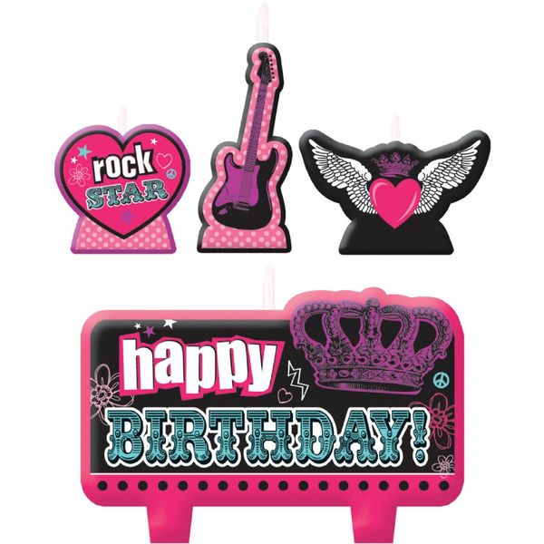 BOGO SALE - Pink Rock Star Princess Happy Birthday Candle Cake Topper Set 4pcs