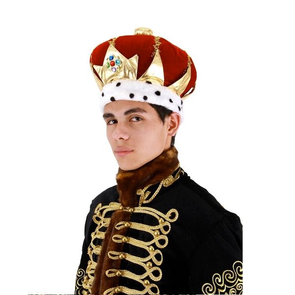 *Deluxe Red Velvet & Gold King Crown, Royalty Costume Accessory Jewels White Fur Trim, Men's - Halloween - Renaissance Medieval