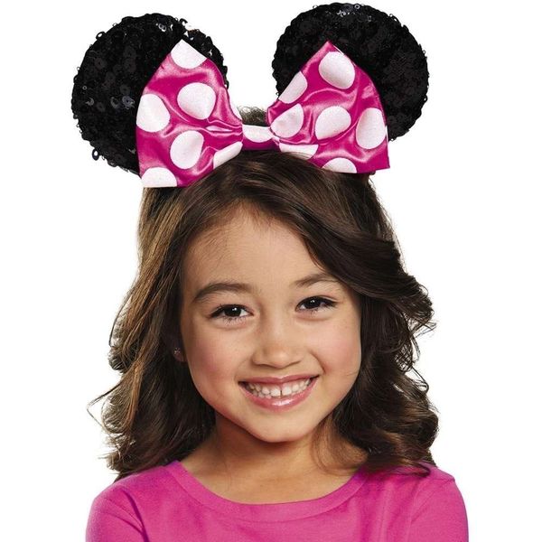 *Pink Minnie Mouse Ears Headband Costume Accessory, Girls, Black Sequins - Halloween