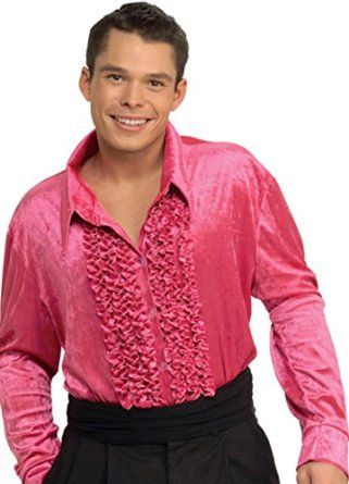 80s Pink Velvet Ruffle Front Disco Shirt, Men's - Halloween Sale - Purim - under $20