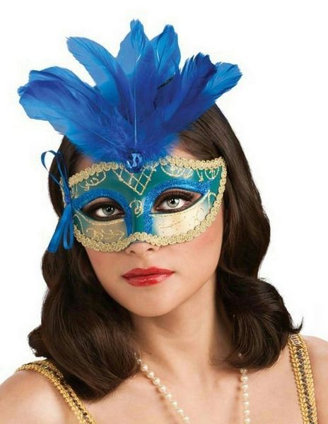 Blue Feathered Carnival Masquerade Half Eye Mask - Halloween Sale