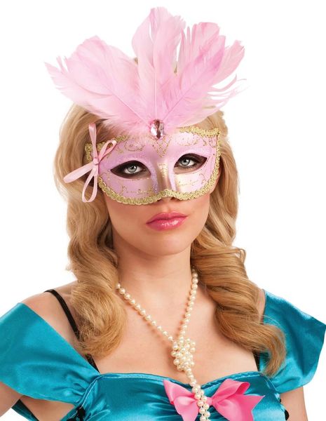 Pink Feathered Carnival Masquerade Half Eye Mask - Purim - Halloween Sale