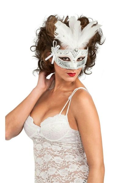 *White Feathered Carnival Masquerade Half Eye Mask - Halloween Sale