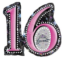 Sweet 16 Super Shape Foil Balloon, 28in - Black, Pink