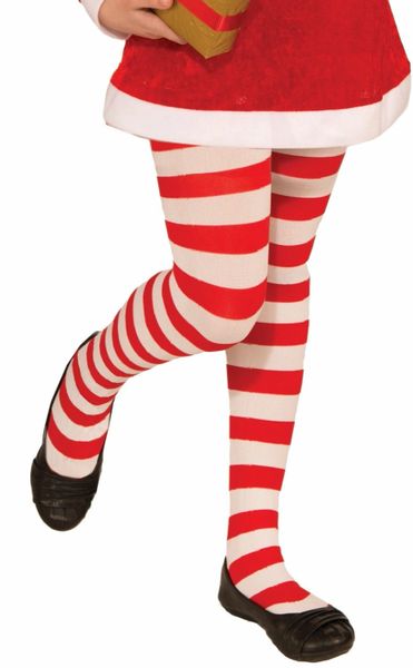 Kids Striped Candy Cane Tights, Red, White - Christmas Holiday Sale