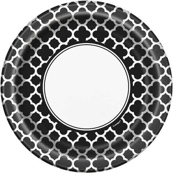 BOGO SALE - Black Quatrefoil Pattern Luncheon Plates, 9in - 8ct