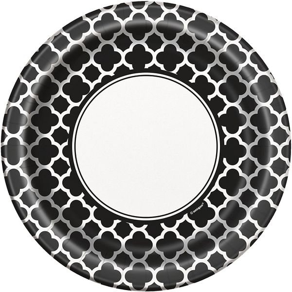 *Black Quatrefoil Pattern Luncheon Plates, 8ct - 9in